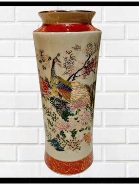 SATSUMA VTG Vase Japanese Hand Painted Peacock Crackle Glaze 12" Gold Accents